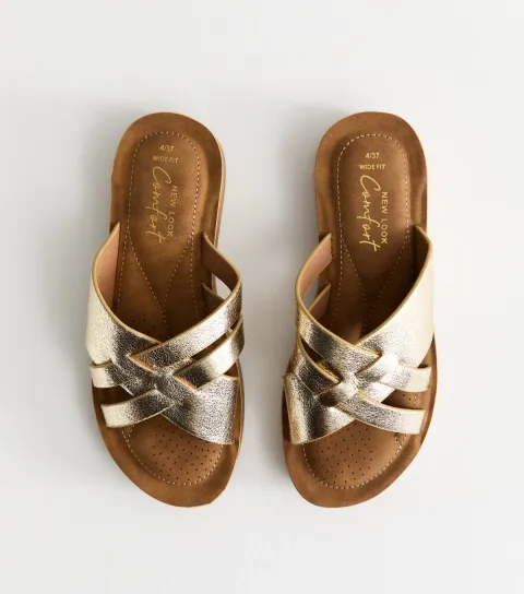 Women's Wide Fit Gold Faux Leather Woven Strap Sandals Vegan