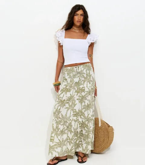 Women's Green Crepe Palm Tree Print Tiered Midi Skirt