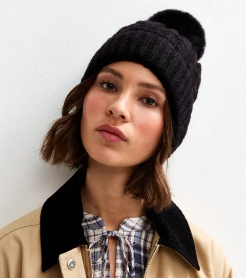 Black Cable Knit Faux Fur Pom Pom Bobble Hat