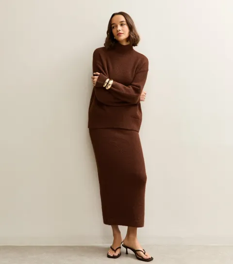 Women's Dark Brown Brushed Knit Midi Skirt
