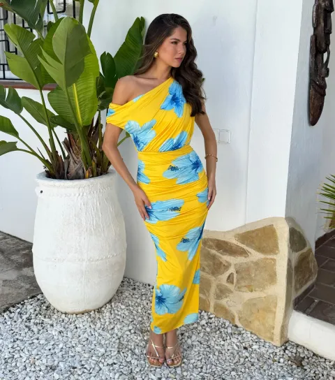 Women's Yellow Floral Off the Shoulder Midi Dress