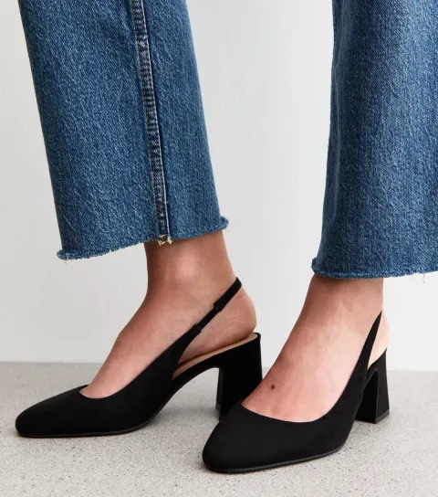 Women's Wide Fit Black Faux Suede Almond Toe Slingback Pumps