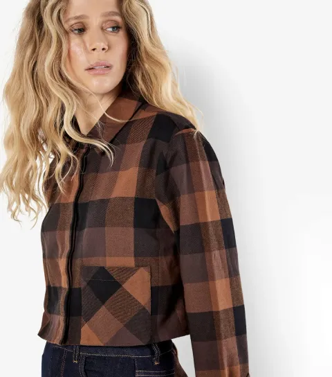 Women's Brown Check Cropped Shirt