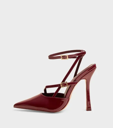 Women's Dark Burgundy Faux Patent Leather Idol Stiletto Court Shoes