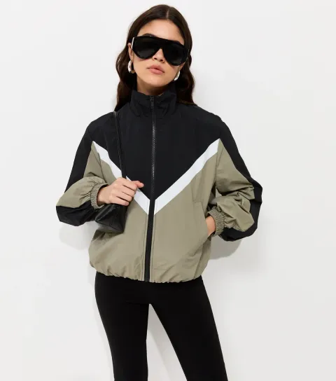 New Look Women's Black Colour Block Zip Up Funnel Neck Windbreaker Jacket