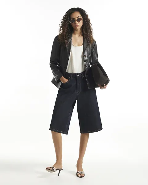River Island Premium Leather Fitted Waist Blazer