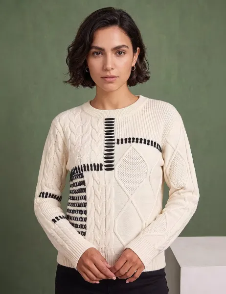 Roman Crew Neck Textured Cable Knit Jumper Ivory
