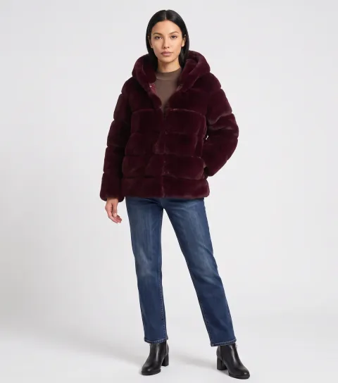 Gini London Women's Dark Burgundy Horizontal Panelled Faux Fur Jacket
