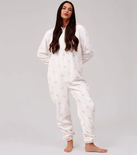 Women's Pink Stripe Bow Pattern Fleece Hooded Onesie