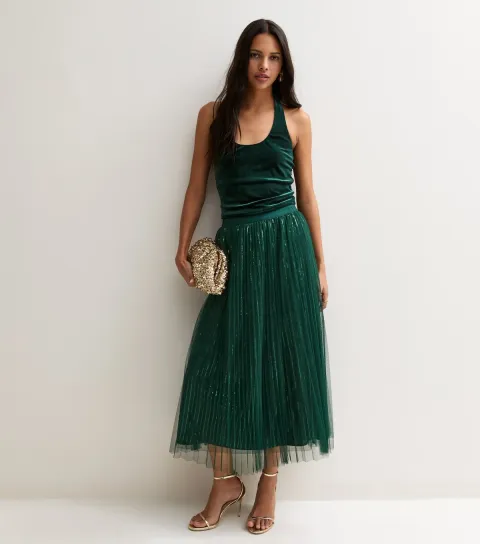New Look Women's Dark Green Sequin Tulle Midi Skirt