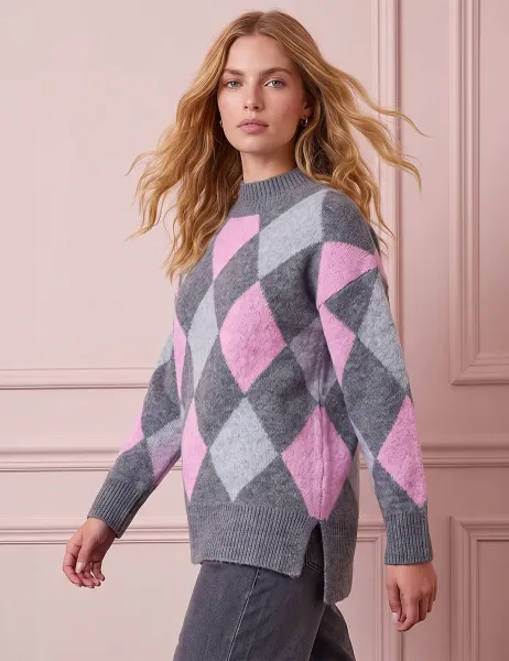 Roman Diamond Argyle Knitted Jumper Grey Mix
