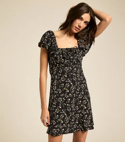 Women's Black Floral Print Square Neck Mini Dress