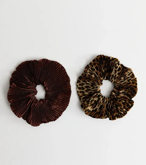 Pack Of 2 Plisse Brown and Leopard Print Scrunchies