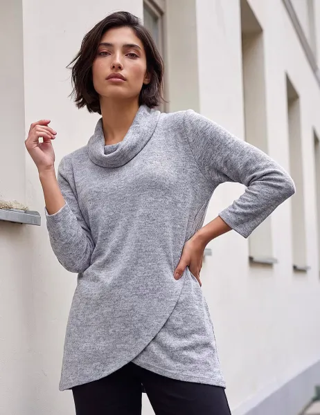 Roman Petite Cowl Neck Wrap Top Grey