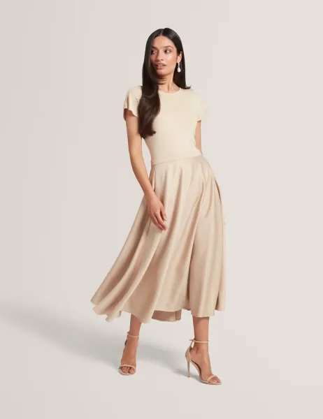 Ted Baker Crew Neck Tulip Sleeve Midi Skater Dress Natural