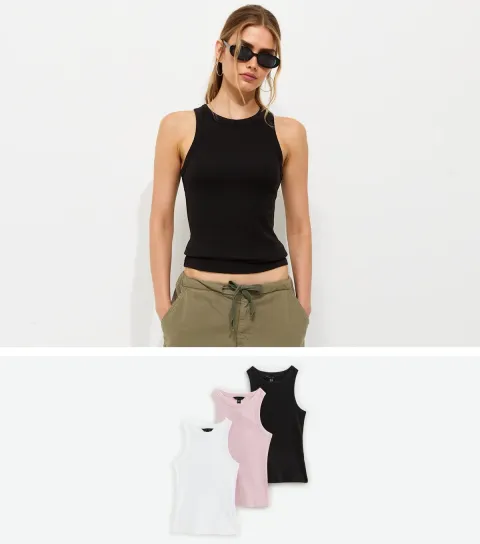 Women's Pack of 3 Black White and Pink Cotton Rich Racer Vest Tops