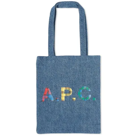 A.P.C. Lou Tartan Logo Denim Tote Bag