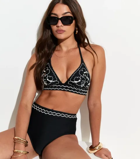 Women's Black Wavy Trim High Waist Bikini Bottoms