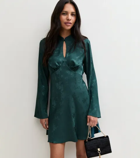 New Look Women's Black Floral Satin Keyhole Long Sleeve Mini Dress