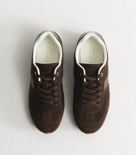 Women's Dark Brown Faux Brushed Leather Side Stripe Trainers Vegan