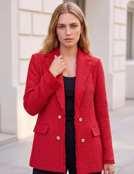 Roman Checked Fringed Revere Collar Jacket Burgundy