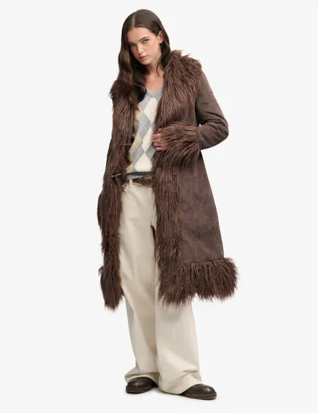 Superdry & Co Faux Fur Trim Longline Afghan Coat Brown