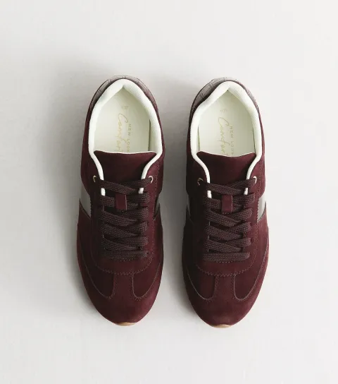 Women's Dark Burgundy Faux Brushed Leather Side Stripe Trainers Vegan