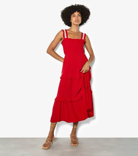 Women's Bright Red Shirred Tiered Midi Dress