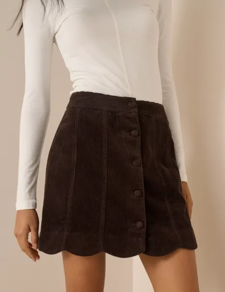 Nobody's Child Pure Cotton Cord Button Front Mini Skirt Brown