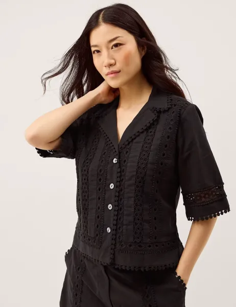 Monsoon Pure Cotton Lace Trim Shirt Black
