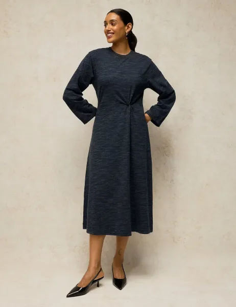 White Stuff Gracie Pure Cotton Crew Neck Midi Twist Dress Dark Navy