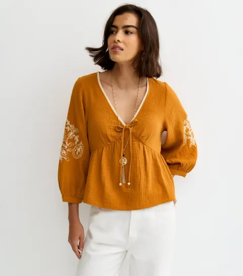 Women's Orange Embroidered Sleeve Tea Blouse