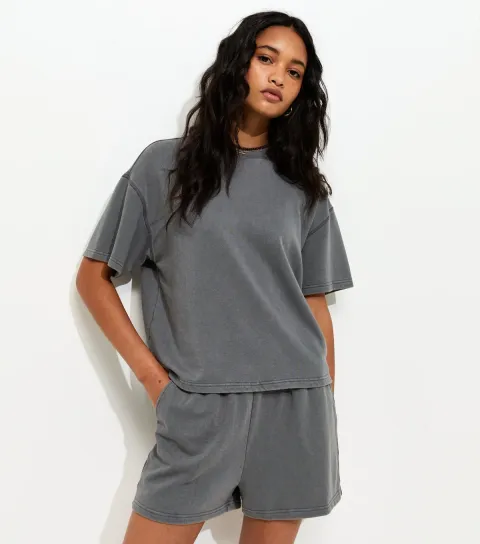 Women's Dark Grey Acid Wash Sweat T-Shirt