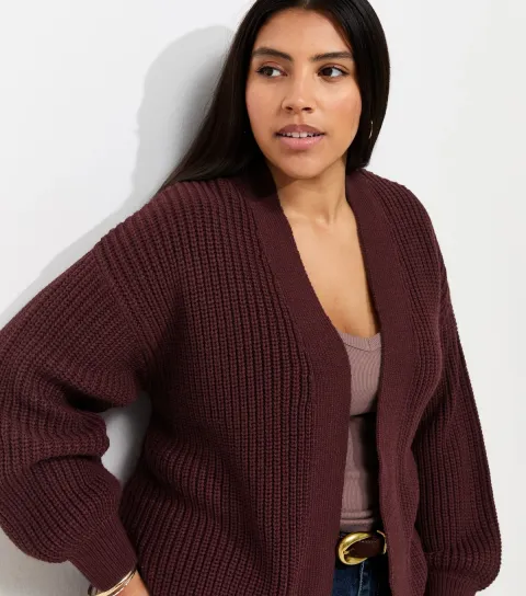 Women's Plus Size Dark Burgundy Ribbed Knit Balloon Sleeve Cardigan Curves