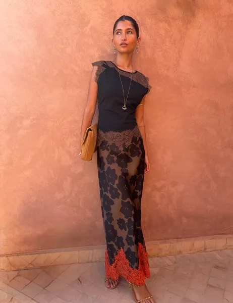 Never Fully Dressed Jersey Lace Top Brown Mix
