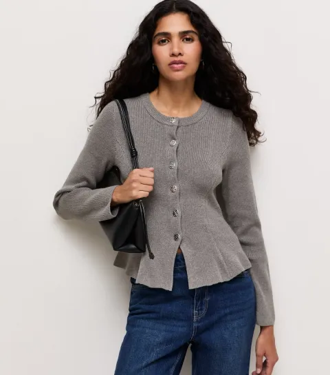 New Look Women's Grey Ribbed Knit Textured Button Peplum Cardigan