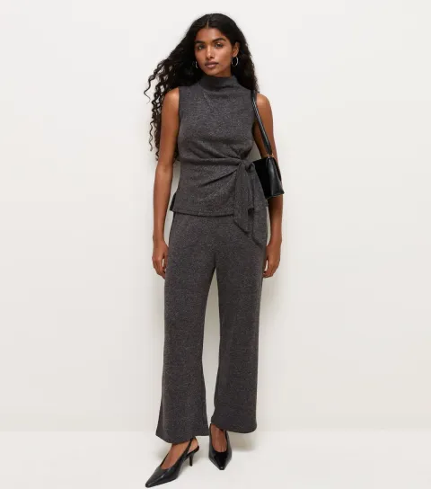 Women's Petite Dark Grey Soft Touch Wide Leg Trouser