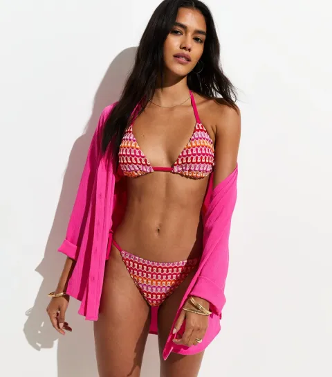Women's Dark Pink Crochet Removable Padding Bikini Top