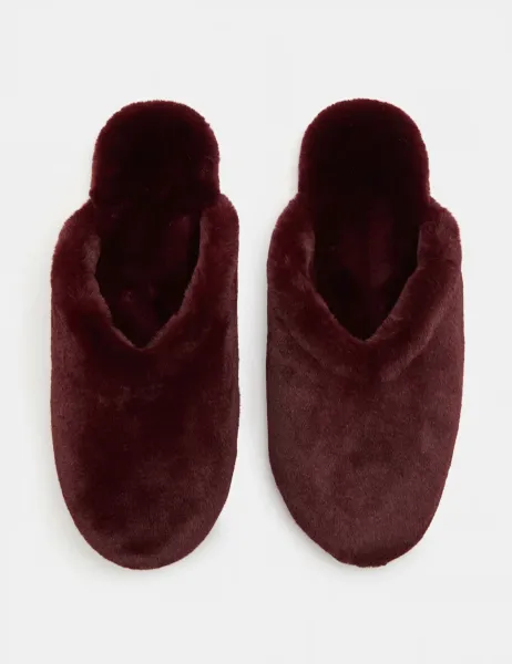 Marks & Spencer Faux Fur Round Toe Mule Slippers Burgundy