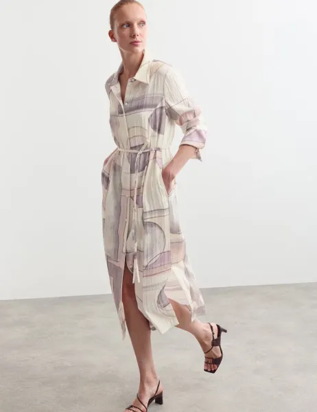 Jaeger Watercolour Abstract Midi Shirt Dress Lilac Mix