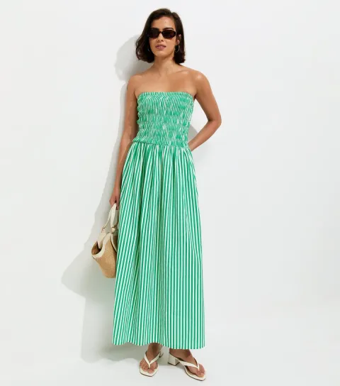 New Look Women's Green Striped Shirred Bandeau Dress