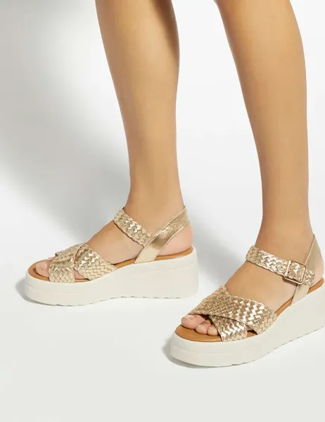 Dune London Leather Metallic Ankle Strap Wedge Sandals Gold