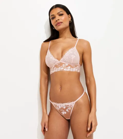 Women's Light Pink Embroidered Ruched Thong