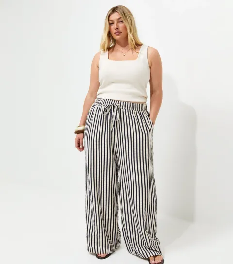 Women's Plus Size Navy Stripe Print Wide Leg Trousers Curves