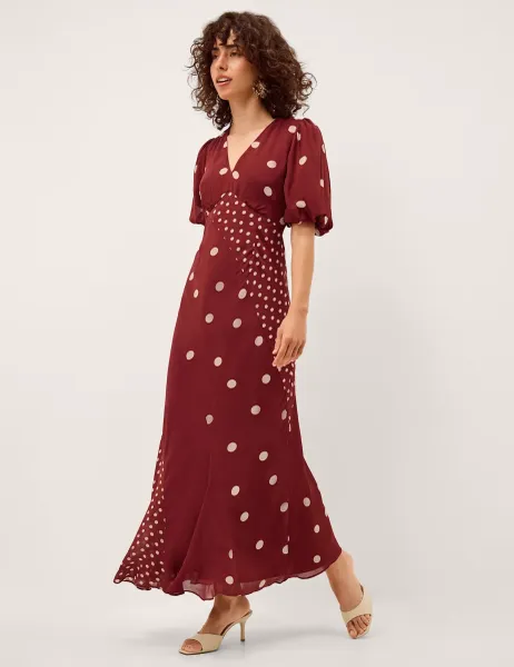 Monsoon Polka Dot V-Neck Puff Sleeve Midi Tea Dress Burgundy Mix