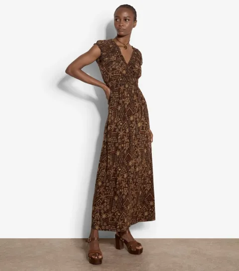 Women's Brown Floral Cap Sleeve Maxi Dress