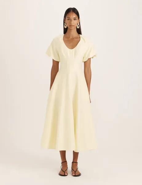 Saba Linen Rich Scoop Neck Midi Waisted Dress Yellow