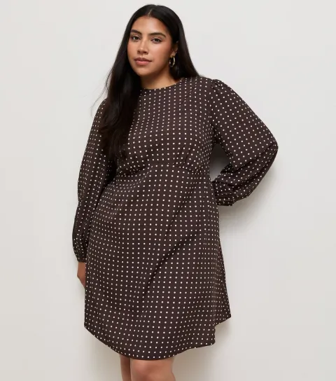 New Look Women's Plus Size Brown Polka Dot Long Sleeve Smock Mini Dress Curves
