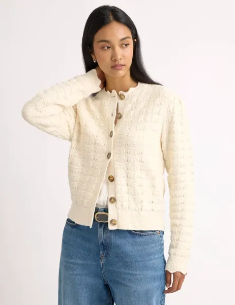 Albaray Cotton Rich Pointelle Puff Sleeve Cardigan Cream
