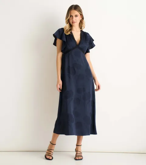 Women's Navy Floral Satin Lace Trim Midi Dress